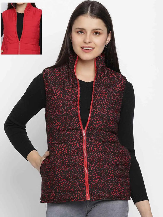 Women Printed Red Collared Neck Sleeveless Jacket