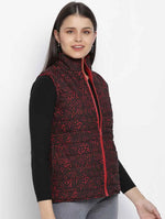 Women Printed Red Collared Neck Sleeveless Jacket