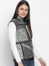 Women Printed Black Collared Neck Sleeveless Jacket