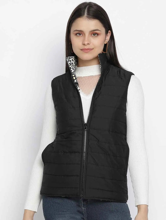 Women Printed Black Collared Neck Sleeveless Jacket