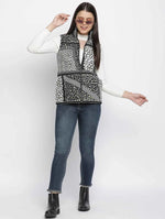 Women Printed Black Collared Neck Sleeveless Jacket