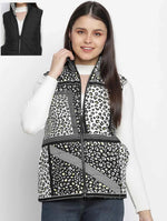 Women Printed Black Collared Neck Sleeveless Jacket