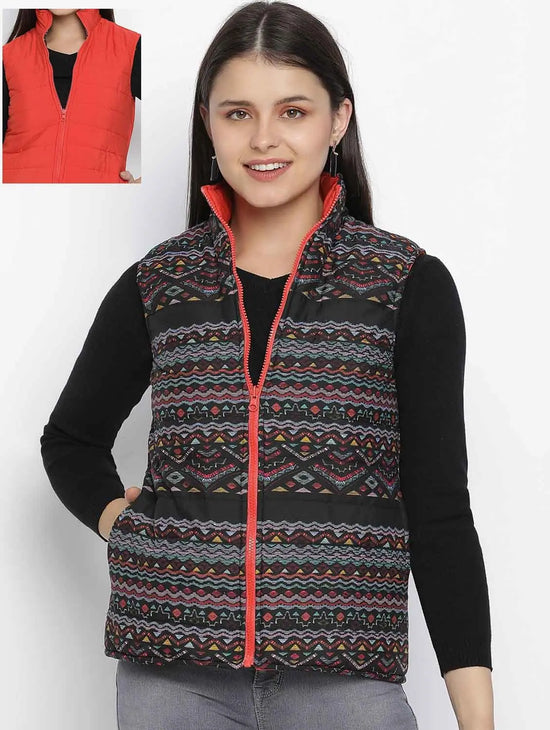 Women Printed Multi Collared Neck Sleeveless Jacket