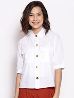 Modish White Blew Button Down Women Top