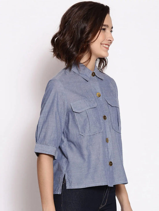 Royal Pretty Blue Button Down Women Top