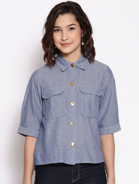 Royal Pretty Blue Button Down Women Top