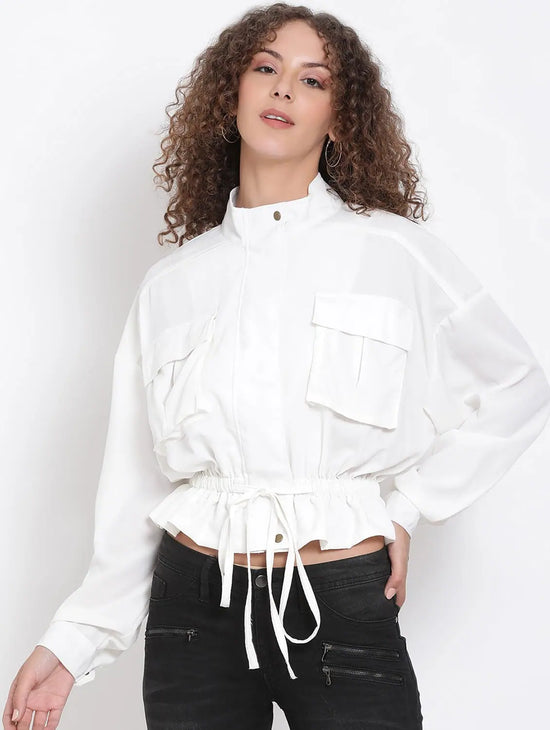 Women Solid White Full Sleeve Jacket