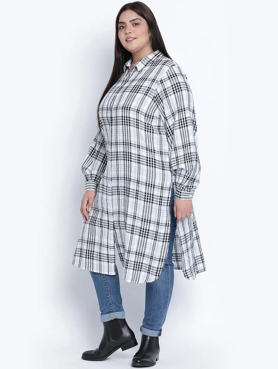 Lovallic Button Down Plus Size Checked Tunic