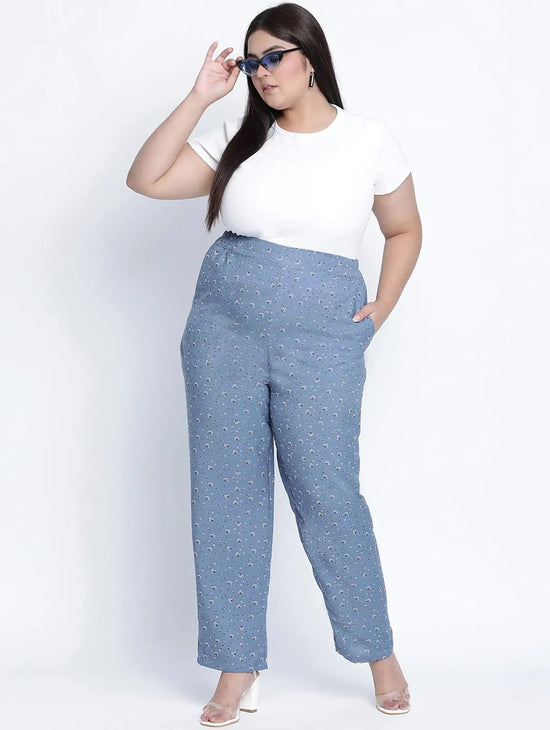 Lattic Blue Peinted Plus Size Elasticated Pant