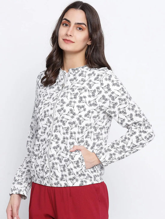 Women Printed White Collared Neck Full Sleeve Jacket