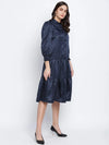 Jacquine Blue Button Down Women Satin Print Dress