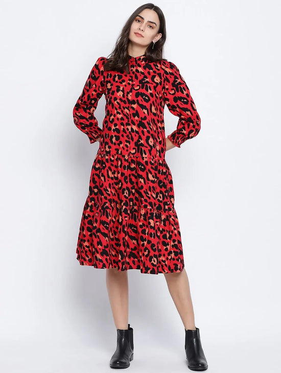 Verve Red Animal Printed Button Dowm Women Dress