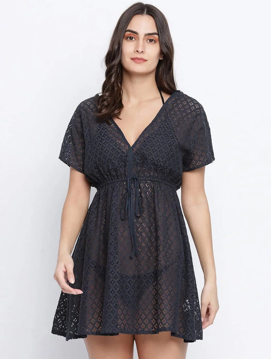 Galaxy Black Flower Mesh Tie Knot Women Beach Dress