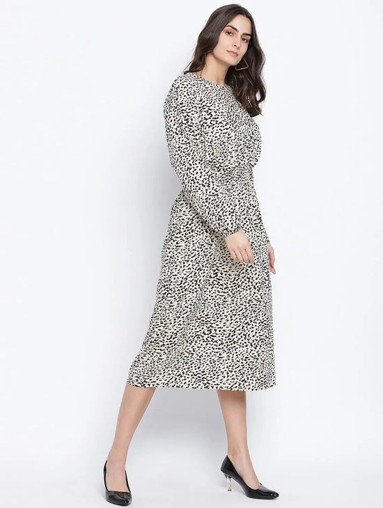 Attalic Beige Smocked Animal Printed Women Dress