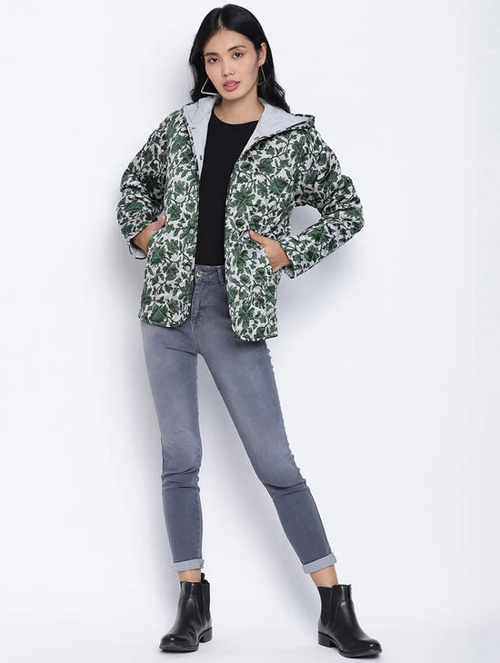 Women Printed Green Collared Neck Full Sleeve Jacket