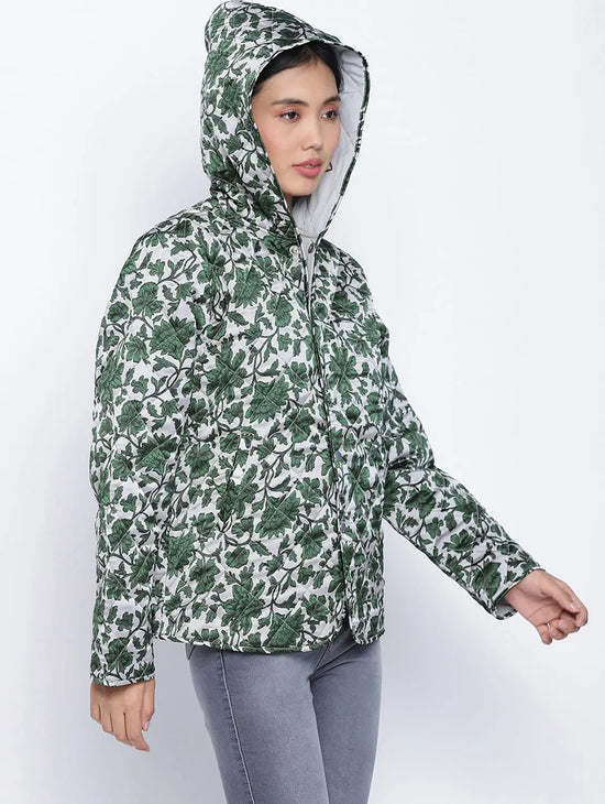 Women Printed Green Collared Neck Full Sleeve Jacket