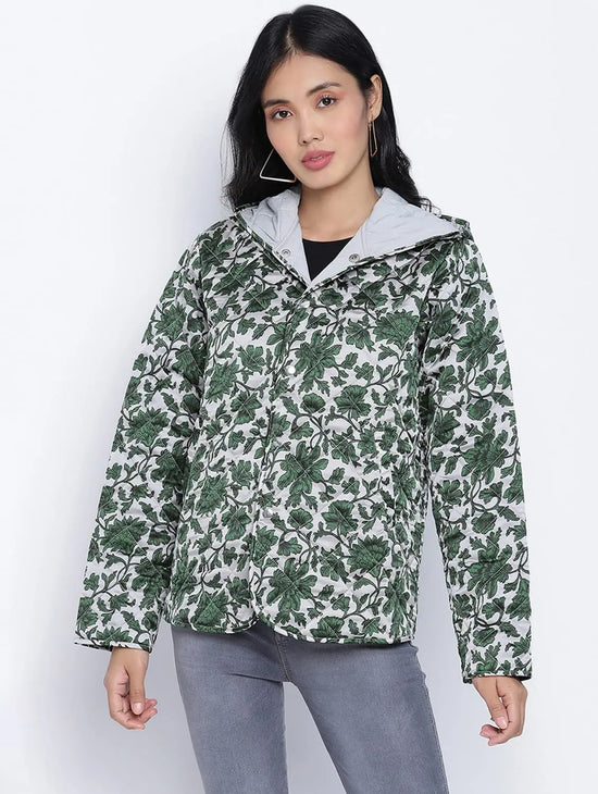 Women Printed Green Collared Neck Full Sleeve Jacket