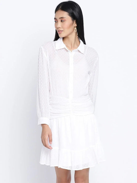 Grandeur White Gathered Swissdot Style Women Dress