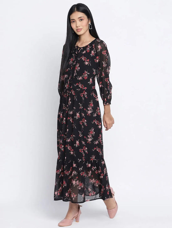 Beauteous Black Floral Print Women Dress