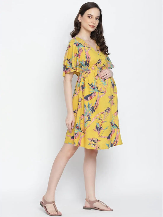 Ocherous Gold Printed Maternity Dress