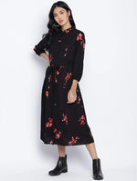 Alluring Black Floral Orint Button Down Women Dress