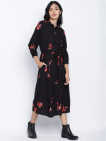 Alluring Black Floral Orint Button Down Women Dress