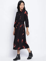 Alluring Black Floral Orint Button Down Women Dress