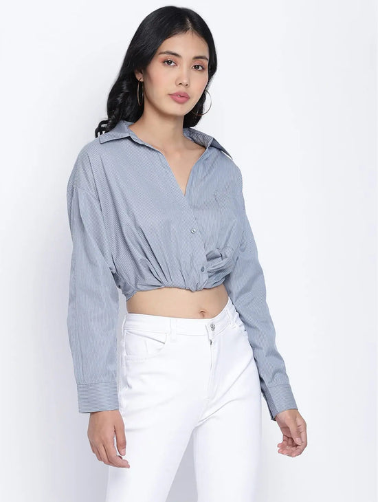 Bunnico Blue Overlapped Women Crop Shirt