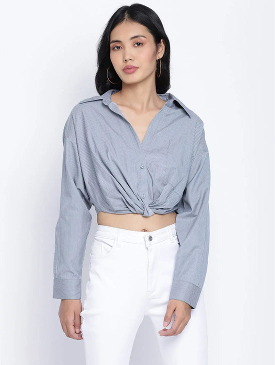 Bunnico Blue Overlapped Women Crop Shirt