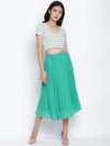 Pop Up Shiny Green Pleated Lined Women Skirt