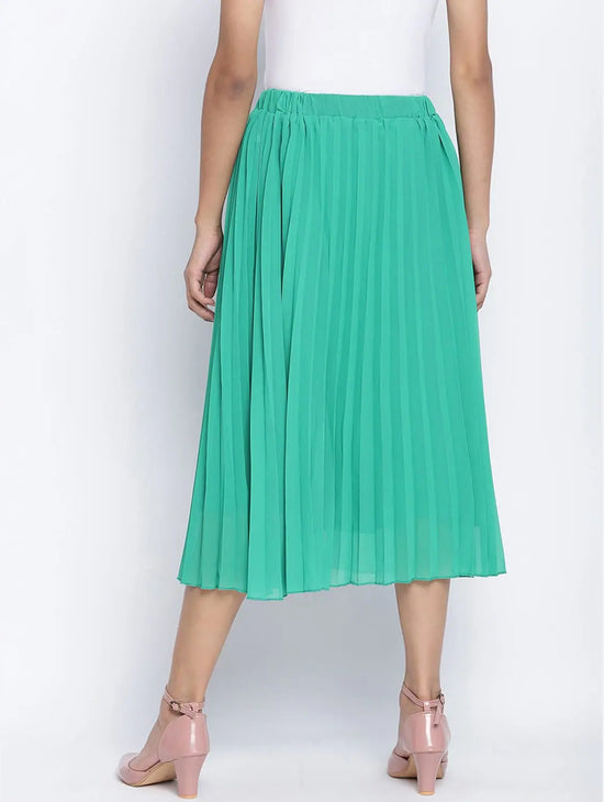 Pop Up Shiny Green Pleated Lined Women Skirt