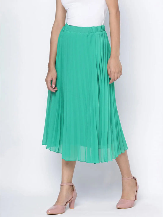 Pop Up Shiny Green Pleated Lined Women Skirt