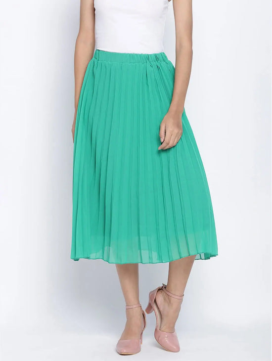 Pop Up Shiny Green Pleated Lined Women Skirt