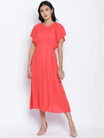 Flamboyant Red Solid Women Neck Details Dress