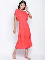 Flamboyant Red Solid Women Neck Details Dress