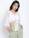 Pesto Fij White Women Smocked Tie Crop Top