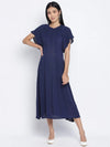 Warbler Soild Blue Women Neck Details Dress