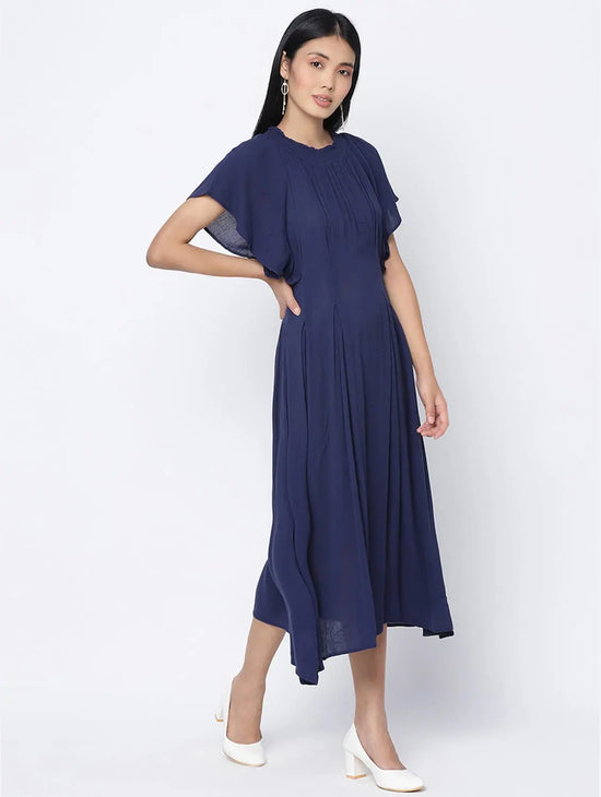 Warbler Soild Blue Women Neck Details Dress