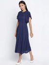 Warbler Soild Blue Women Neck Details Dress