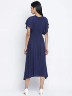 Warbler Soild Blue Women Neck Details Dress