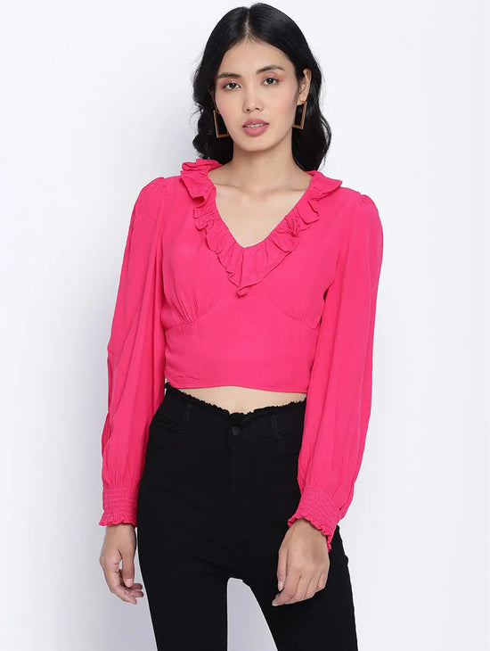 Poppy Pink Frilled Design Women Crop Top