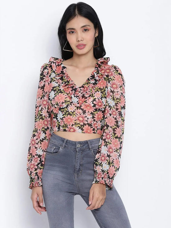 Flamingo Muticolor Frilled Design Women Crop Top.