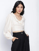 Oatallic White Frilled Design Women Crop Top