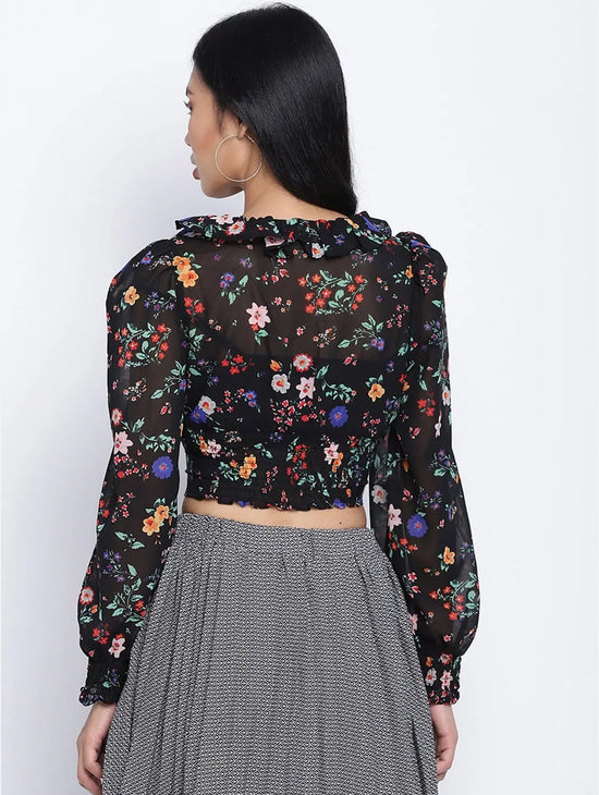 Wamper Black Floral Print Women Crop Top