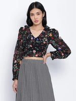 Wamper Black Floral Print Women Crop Top