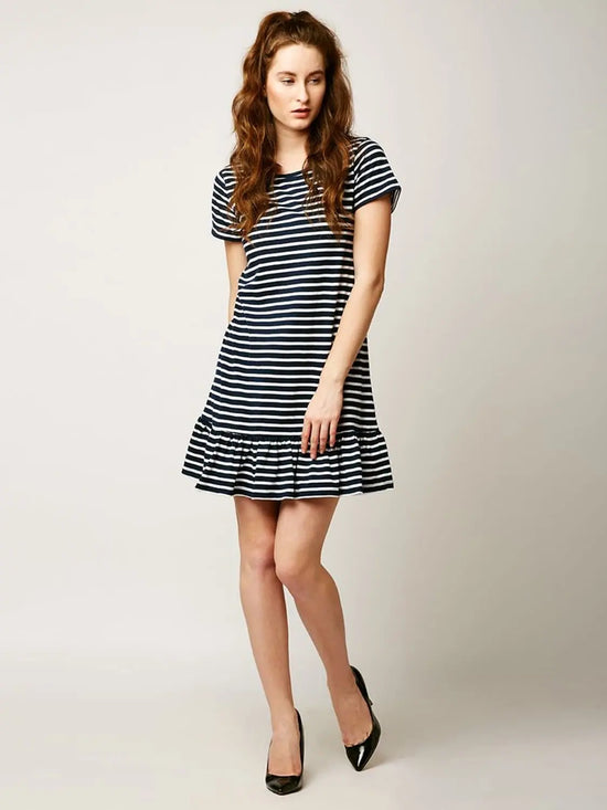 Sing And Dance Striped A-Line Dress Navy Blue And White