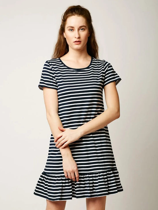 Sing And Dance Striped A-Line Dress Navy Blue And White