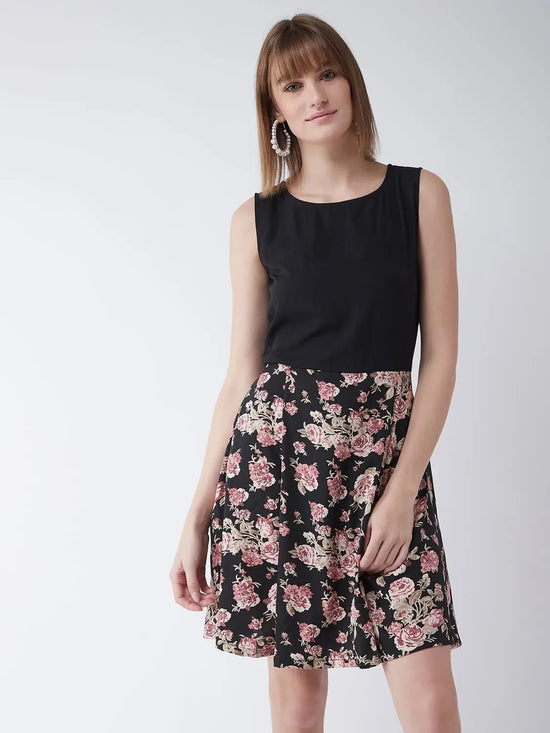 Enchanted Garden Floral Skater Dress Black & Pink