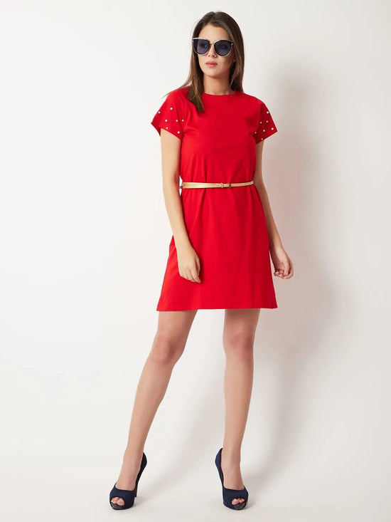 Street Wheel Pearl Sleeve T-shirt Dress Red