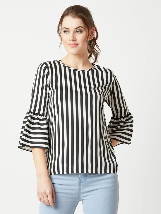 Dinner Night Ruffle Sleeve Black and White Top